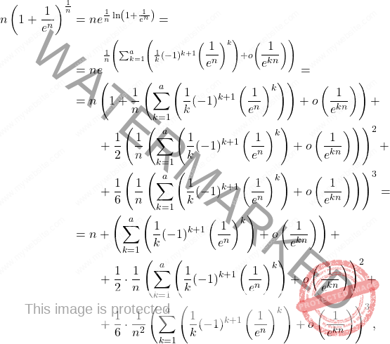 \[\begin{aligned} 		n \left( 1+\dfrac{1}{e^n} \right)^{\frac{1}{n}} 		&= ne^{\frac{1}{n}\ln \left( 1+\frac{1}{e^n} \right)}= 		\\ 		&= 		ne^{\frac{1}{n} \left( \sum_{k=1}^a 			\left( \frac{1}{k} (-1)^{k+1} \left( \dfrac{1}{e^n} \right)^k \right)+o 			\left( \dfrac{1}{e^{kn}} \right) \right)}=\\ 		&=n \left( 1+\dfrac{1}{n} \left(\sum_{k=1}^a \left(\dfrac{1}{k}(-1)^{k+1}\left( \dfrac{1}{e^n} \right)^k \right) \right)+ o\left(\dfrac{1}{e^{kn}} \right) \right)+\\ 		&\qquad +\dfrac{1}{2} \left( \dfrac{1}{n}\left(\sum_{k=1}^a \left(\dfrac{1}{k}(-1)^{k+1} 		\left(\dfrac{1}{e^n} \right)^k \right) + o\left(\dfrac{1}{e^{kn}}\right) \right) \right)^2 + \\ 		& \qquad + \dfrac{1}{6} \left( 		\dfrac{1}{n} \left( \sum_{k=1}^a \left(\dfrac{1}{k}(-1)^{k+1} \left(\dfrac{1}{e^n} \right)^k \right) +o \left(\dfrac{1}{e^{kn}} \right) \right) \right)^3=\\ 		&=n+\left(\sum_{k=1}^a \left(\dfrac{1}{k}(-1)^{k+1} \left(\dfrac{1}{e^n} \right)^k \right)+o 		\left(\dfrac{1}{e^{kn}} \right) \right)+ \\ 		& \qquad + \dfrac{1}{2}\cdot \dfrac{1}{n} 		\left(\sum_{k=1}^a \left(\dfrac{1}{k} (-1)^{k+1}\left(\dfrac{1}{e^n} \right)^k \right)+o 		\left(\dfrac{1}{e^{kn}} \right) \right)^2+\\ 		&\qquad + \dfrac{1}{6}\cdot \dfrac{1}{n^2} \left(\sum_{k=1}^a \left(\dfrac{1}{k}(-1)^{k+1} \left(\dfrac{1}{e^n} \right)^k \right)+o\left(\dfrac{1}{e^{kn}} \right) \right)^3, 	\end{aligned}\]