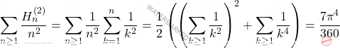 \[\sum_{n\geq 1}\frac{H_n^{(2)}}{n^2} = \sum_{n\geq 1}\frac{1}{n^2}\sum_{k=1}^{n}\frac{1}{k^2}=\frac{1}{2}\left(\left(\sum_{k\geq 1}\frac{1}{k^2}\right)^2+\sum_{k\geq 1}\frac{1}{k^4}\right)=\frac{7\pi^4}{360}\]