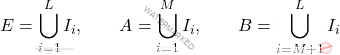 \begin{equation*} E = \bigcup_{i=1}^L I_i, \qquad A= \bigcup_{i=1}^M I_i, \qquad B= \bigcup_{i=M+1}^L I_i \end{equation*}