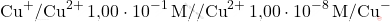 \[ \text{Cu}^+/\text{Cu}^{2+} \, \text{1,00} \cdot 10^{-1} \, \text{M}//\text{Cu}^{2+} \, \text{1,00} \cdot 10^{-8} \, \text{M}/\text{Cu}^- \]