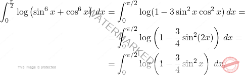 \[\begin{aligned} 		\int_{0}^{\frac{\pi}{2}}\log\left(\sin^6 x+\cos^6 x\right)\,dx 		&= 		\int_{0}^{\pi/2}\log(1-3\sin^2x\cos^2x)\,dx=\\ 		&=\int_{0}^{\pi/2}\log\left(1-\frac{3}{4}\sin^2(2x)\right)\,dx=\\ 		&= 		\int_{0}^{\pi/2}\log\left(1-\frac{3}{4}\sin^2x\right)\,dx, 	\end{aligned}\]