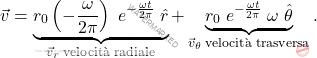 \[\vec{v} = \underbrace{r_0 \left(-\dfrac{\omega}{2\pi}\right) \; e^{-\frac{\omega t}{2\pi}} \; \hat{r}}_{\vec{v}_r \; \text{velocità radiale}} + \underbrace{r_0 \; e^{-\frac{\omega t}{2\pi}} \; \omega \; \hat{\theta}}_{\vec{v}_\theta \; \text{velocità trasversa}}.\]