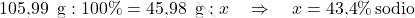 \[ \text{105,99 }\, \text{g} : 100\% = \text{45,98 }\, \text{g} : x \quad \Rightarrow \quad x = \text{43,4}\% \, \text{sodio} \]