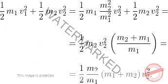 \begin{equation*} \begin{split} \dfrac{1}{2}\,m_1\,v_1^2+\dfrac{1}{2}\,m_2\,v_2^2&=\dfrac{1}{2}\,m_1\,\dfrac{m_2^2}{m_1^2}\,v_2^2+\dfrac{1}{2}m_2\,v_2^2=\\[10pt] &=\dfrac{1}{2}\,m_2\,v_2^2\,\left(\dfrac{m_2+m_1}{m_1}\right)=\\[10pt] &=\dfrac{1}{2}\,\dfrac{m_2}{m_1}\,(m_1+m_2)\,v_2^2. \end{split} \end{equation*}