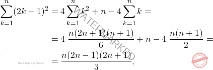 \[\begin{aligned} 	\sum_{k=1}^n (2k-1)^2 	&= 	4\sum_{k=1}^n k^2+n-4\sum_{k=1}^n k= 	\\ 	&= 	4 \; \dfrac{n(2n+1)(n+1)}{6} + n - 4\;  \dfrac{n(n+1)}{2} = 	\\ 	&= 	\dfrac{n(2n-1)(2n+1)}{3}, 	\end{aligned}\]