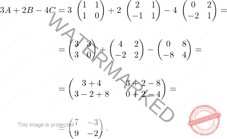 \[\begin{aligned} 3A + 2B - 4C & = 3 \;\begin{pmatrix} 1&1\\ 1&0 \end{pmatrix} + 2 \;\begin{pmatrix} 2&1\\ -1&1 \end{pmatrix}  - 4 \; \begin{pmatrix} 0&2\\-2&1 \end{pmatrix}=\\\\ & = \begin{pmatrix} 3&3\\ 3&0 \end{pmatrix} + \begin{pmatrix} 4&2\\ -2&2 \end{pmatrix}  - \begin{pmatrix} 0&8\\-8&4 \end{pmatrix}=\\\\  & = \begin{pmatrix} 3+4 & \quad  3+2-8\\ 3-2+8 & \quad  0+2-4 \end{pmatrix} =\\\\ &= \begin{pmatrix} 7 & -3 \\ 9 & -2 \end{pmatrix} . \end{aligned}\]