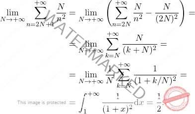 \[\begin{aligned} 		\lim_{N\to+\infty}\sum_{n=2N+1}^{+\infty}\frac{N}{n^2} 		&= 		\lim_{N\to+\infty}\left(\sum_{n=2N}^{+\infty}\frac{N}{n^2} - \frac{N}{(2N)^2}\right) = \\ 		&= \lim_{N\to+\infty}\sum_{k=N}^{+\infty}\frac{N}{(k+N)^2} = 		\\ 		&= 		\lim_{N\to+\infty}\frac{1}{N}\sum_{k=N}^{+\infty}\frac{1}{(1+k/N)^2} = \\ 		&= \int_1^{+\infty} \frac{1}{(1+x)^2}\mathrm{d}x = \frac{1}{2}. 	\end{aligned}\]