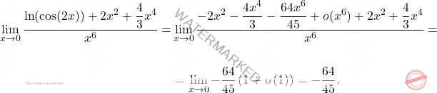\begin{equation*} \begin{aligned} \lim_{x\to0} \frac{\ln(\cos(2x)) + 2x^2 + \dfrac{4}{3}x^4}{x^6}=&\lim_{x\to0} \frac{-2x^2-\dfrac{4x^4}{3}- \dfrac{64x^6}{45}+ o(x^6)  + 2x^2 + \dfrac{4}{3}x^4}{x^6}=\\\\ &=\lim_{x\to0} -\dfrac{64}{45}\left(1+o\left( 1\right) \right)=-\dfrac{64}{45}. \end{aligned} \end{equation*}