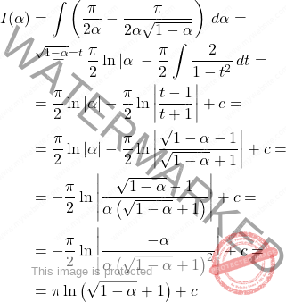 \[\begin{aligned} 		I(\alpha)&= 		\int\left(\dfrac{\pi}{2\alpha}-\dfrac{\pi}{2\alpha\sqrt{1-\alpha}}\right)\,d\alpha= 		\\ 		&\overset{\sqrt{1-\alpha}=t}{=}\dfrac{\pi}{2}\ln\left \vert \alpha \right \vert -\dfrac{\pi}{2}\int\dfrac{2}{1-t^2}\,dt= 		\\ 		&= 		\dfrac{\pi}{2}\ln\left \vert \alpha \right \vert-\dfrac{\pi}{2}\ln\left \vert \dfrac{t-1}{t+1}\right \vert +c= 		\\ 		& = \dfrac{\pi}{2}\ln\left \vert \alpha \right \vert-\dfrac{\pi}{2}\ln\left \vert \dfrac{\sqrt{1-\alpha}-1}{\sqrt{1-\alpha}+1}\right \vert 		+c= 		\\ 		&= 		-\dfrac{\pi}{2}\ln\left \vert \dfrac{\sqrt{1-\alpha}-1}{\alpha\left(\sqrt{1-\alpha}+1\right)} \right \vert +c= 		\\ 		&= 		-\dfrac{\pi}{2}\ln\left \vert \dfrac{-\alpha}{\alpha\left(\sqrt{1-\alpha}+1\right)^2}\right \vert+c=\\ 		& = \pi\ln\left(\sqrt{1-\alpha}+1\right)+c 	\end{aligned}\]