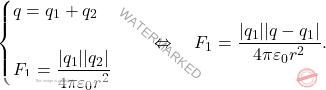 \begin{equation*} \begin{cases} q=q_1+q_2 \\\\ F_1=\dfrac{|q_1||q_2|}{4\pi\varepsilon_0 r^2} \end{cases} \quad \Leftrightarrow\quad F_1={|q_1||q-q_1|\over 4\pi\varepsilon_0 r^2}. \end{equation*}