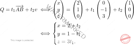 \[\begin{aligned} 		Q=t_1\overrightarrow{AB}+t_2 v\iff& \begin{pmatrix} 		x\\y\\z 		\end{pmatrix}=\begin{pmatrix} 		2\\1\\0 		\end{pmatrix}+t_1\begin{pmatrix} 		0\\-1\\3 		\end{pmatrix}+t_2 \begin{pmatrix} 		1\\0\\0 		\end{pmatrix}\\ 		\iff& 		\begin{cases} 		x=2+t_2\\ 		y=1-t_1\\ 		z=3t_1. 		\end{cases} 	\end{aligned}\]