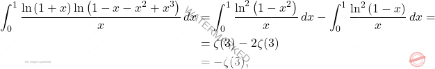 \[\begin{aligned} 		\int_{0}^{1}\dfrac{\ln\left(1+x\right)\ln\left(1-x-x^2+x^3\right)}{x}\,dx 		&= 		\int_{0}^{1}\dfrac{\ln^2\left(1-x^2\right)}{x}\,dx-\int_{0}^{1}\dfrac{\ln^2\left(1-x\right)}{x}\,dx=\\ 		&=\zeta(3)-2\zeta(3) 		\\ 		&=-\zeta(3), 	\end{aligned}\]
