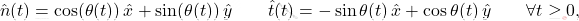 \begin{equation*} 	\hat{n}(t) = \cos(\theta(t))\,\hat{x} + \sin(\theta(t))\,\hat{y} \qquad \hat{t}(t) = -\sin \theta(t)\,\hat{x} + \cos \theta(t)\,\hat{y} \qquad \forall t \geq 0, \end{equation*}
