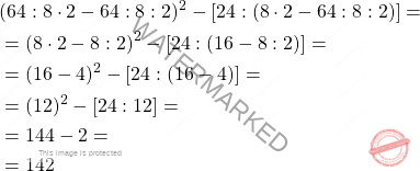 \[\begin{aligned} & (64:8 \cdot 2 - 64:8 : 2)^2 - [24 : (8 \cdot 2 - 64:8:2)] = \\ & = (8 \cdot 2 - 8 :2)^2 - [24 : (16 - 8:2)] = \\ & = (16- 4)^2 - [24 : (16 - 4)] = \\ & = (12)^2 - [24 : 12] = \\ & = 144 - 2 = \\ & = 142 \end{aligned}\]