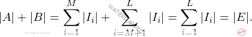 \begin{equation*} |A| +  |B| = \sum_{i=1}^M |I_i| + \sum_{i=M+1}^L |I_i| = \sum_{i=1}^L |I_i| = |E|. \end{equation*}