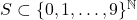 S \subset \{0,1,\dots,9\}^\mathbb{N}