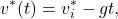 \begin{equation*} v^*(t) = v_i^* - g t, \end{equation*}
