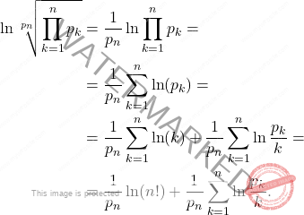 \begin{equation*} 	\begin{aligned} 		\ln \sqrt[p_n]{\displaystyle\prod_{k=1}^{n}p_k} 		&= 		\frac{1}{p_n} \ln \prod_{k=1}^{n}p_k = 		\\ 		&=  		\frac{1}{p_n}\sum_{k=1}^{n}\ln(p_k) =\\ 		&= 		\frac{1}{p_n}\sum_{k=1}^{n}\ln(k) + \frac{1}{p_n}\sum_{k=1}^{n}\ln\frac{p_k}{k}=\\ 		&= \frac{1}{p_n}\ln(n!) + \frac{1}{p_n}\sum_{k=1}^{n}\ln\frac{p_k}{k}. 	\end{aligned} \end{equation*}