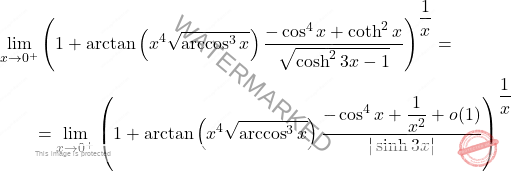 \[\begin{aligned} & \lim_{x \to 0^+} \left(1 + \arctan \left(x^4 \sqrt{\arccos^3 x}\right) \dfrac{-\cos^4 x + \coth^2 x }{\sqrt{\cosh^2 3x - 1}}\right)^{\dfrac{1}{x}} =\\ & \qquad =  \lim_{x \to 0^+} \left(1 + \arctan \left(x^4 \sqrt{\arccos^3 x}\right) \dfrac{-\cos^4 x + \dfrac{1}{x^2}+o(1)}{\vert \sinh 3x \vert}\right)^{\dfrac{1}{x}} \end{aligned}\]