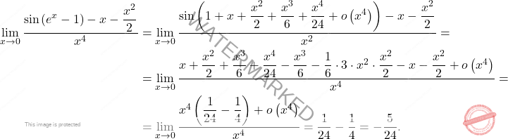 \[\begin{aligned} \lim_{x\to0} \dfrac{\sin \left(e^x-1\right)-x-\dfrac{x^2}{2}}{x^4}&=\lim_{x\to 0}\dfrac{\sin \left(1+x+\dfrac{x^2}{2}+\dfrac{x^3}{6}+\dfrac{x^4}{24}+o\left(x^4\right)\right)-x-\dfrac{x^2}{2}}{x^2}=\\ &=\lim_{x\to 0 }\dfrac{x+\dfrac{x^2}{2}+\dfrac{x^3}{6}+\dfrac{x^4}{24}-\dfrac{x^3}{6}-\dfrac{1}{6}\cdot 3\cdot x^2\cdot \dfrac{x^2}{2}-x-\dfrac{x^2}{2}+o\left(x^4\right)}{x^4}=\\ &=\lim_{x\to 0 }\dfrac{x^4\left(\dfrac{1}{24}-\dfrac{1}{4}\right)+o\left(x^4\right)}{x^4}=\dfrac{1}{24}-\dfrac{1}{4}=-\dfrac{5}{24}. \end{aligned}\]