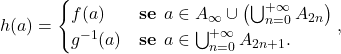 \begin{equation*} h(a) = \begin{cases} f(a)		& \textbf{se } a \in A_\infty \cup \left( \bigcup_{n=0}^{+\infty} A_{2n} \right)\\ g^{-1}(a)   & \textbf{se } a \in \bigcup_{n=0}^{+\infty} A_{2n+1}. \end{cases}, \end{equation*}