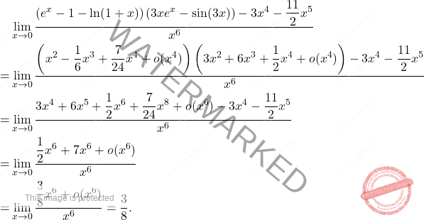 \[ \begin{aligned} &\lim_{x \to 0} \frac{\left(e^x - 1 - \ln(1 + x)\right)(3xe^x - \sin(3x)) - 3x^4 - \dfrac{11}{2} x^5}{x^6}\\ =&\lim_{x \to 0} \frac{\left(x^2 - \dfrac{1}{6}x^3 + \dfrac{7}{24}x^4 + o(x^4)\right)\left(3x^2 + 6x^3 + \dfrac{1}{2}x^4 + o(x^4)\right) - 3x^4 - \dfrac{11}{2}x^5}{x^6} \\ =& \lim_{x \to 0} \frac{3x^4 + 6x^5 + \dfrac{1}{2}x^6 + \dfrac{7}{24}x^8 + o(x^6) - 3x^4 - \dfrac{11}{2}x^5}{x^6} \\ =& \lim_{x \to 0} \frac{\dfrac{1}{2}x^6 + 7x^6 + o(x^6)}{x^6} \\ =& \lim_{x \to 0} \frac{\dfrac{3}{8}x^6 + o(x^6)}{x^6} = \frac{3}{8}. \end{aligned} \]