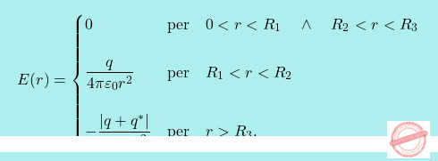 \[\boxcolorato{fisica}{E(r)=\begin{cases} 				0 & \text{per  \,\, } 0<r<R_1 \quad \wedge\quad R_2<r<R_3 \\\\ 				\dfrac{q}{4\pi\varepsilon_0r^2} & \text{per   \,\, }  R_1<r<R_2\\\\ 				-\dfrac{|q+q^*|}{4\pi\varepsilon_0r^2} & \text{per   \,\, }  r>R_3. 				\end{cases}}\]