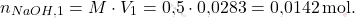 \[ n_{\ce{NaOH,1}} = M \cdot V_1 = \text{0,5} \cdot \text{0,0283} = \text{0,0142} \, \text{mol}. \]