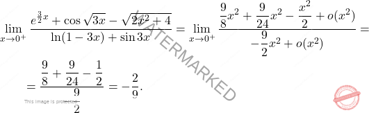 \[\begin{aligned} &\lim_{x\to0^+} \dfrac{e^{\frac{3}{2}x}+\cos \sqrt{3x}-\sqrt{2x^2+4}} {\ln (1-3x)+\sin 3x}=\lim_{x\to0^+} \dfrac{\dfrac{9}{8}x^2 	+\dfrac{9}{24}x^2-\dfrac{x^2}{2}+o(x^2)} {-\dfrac{9}{2}x^2+o(x^2)}=\\ & \qquad = \dfrac{\dfrac{9}{8}+\dfrac{9}{24}-\dfrac{1}{2}}{-\dfrac{9}{2}}=-\dfrac{2}{9}. \end{aligned}\]