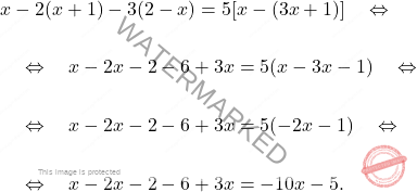 \[\begin{aligned} & x-2(x+1)-3(2-x)=5[x-(3x+1)] \quad \Leftrightarrow \quad \\\\ & \quad \Leftrightarrow \quad x-2x-2-6+3x=5(x-3x-1) \quad \Leftrightarrow \quad \\\\ & \quad \Leftrightarrow \quad x-2x-2-6+3x=5(-2x-1) \quad \Leftrightarrow \quad \\\\ & \quad \Leftrightarrow \quad x-2x-2-6+3x=-10x-5. \end{aligned}\]