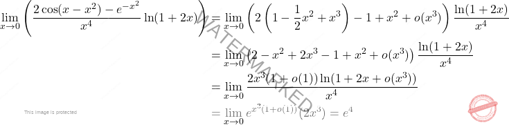 \[ \begin{aligned} \lim_{x \to 0} \left( \frac{2 \cos(x - x^2) - e^{-x^2}}{x^4} \ln(1+2x) \right) &= \lim_{x \to 0} \left( 2 \left( 1 - \frac{1}{2}x^2 + x^3 \right) - 1 + x^2 + o(x^3) \right) \frac{\ln(1+2x)}{x^4} \\ &= \lim_{x \to 0} \left( 2 - x^2 + 2x^3 - 1 + x^2 + o(x^3) \right) \frac{\ln(1+2x)}{x^4} \\ &= \lim_{x \to 0} \frac{2x^3 (1+o(1)) \ln(1+2x+o(x^3))}{x^4} \\ &= \lim_{x \to 0} e^{x^3 (1+o(1))} (2x^3) = e^4 \end{aligned} \]