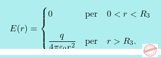 \[\boxcolorato{fisica}{E(r)=\begin{cases} 				0 & \text{per  \,\, } 0<r<R_3 \\\\ 				\dfrac{q}{4\pi\varepsilon_0r^2} & \text{per   \,\, }  r>R_3. 				\end{cases}}\]