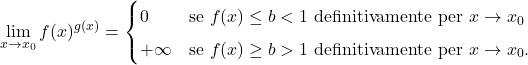 \begin{equation*} \lim_{x \to x_0}f(x)^{g(x)} = \begin{cases} 0							&	\text{se $f(x)\leq b<1$ definitivamente per $x \to x_0$}  \\[4pt] +\infty						&	\text{se $f(x)\geq b>1$ definitivamente per $x \to x_0$}. \end{cases} \end{equation*}