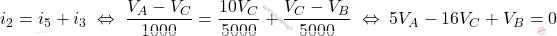 \begin{equation*} i_2=i_5+i_3 \; \Leftrightarrow \; \dfrac{V_A-V_C}{1000} = \dfrac{10 V_C}{5000}+\dfrac{V_C-V_B}{5000}\; \Leftrightarrow \; 5V_A-16V_C+V_B=0 \end{equation*}