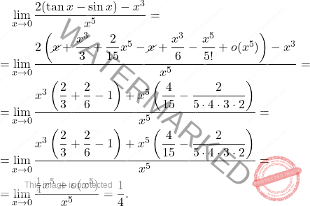 \[\begin{aligned} &\lim_{x\to0}\dfrac{2(\tan x-\sin x)-x^3}{x^5}=\\ =&\lim_{x\to0}\dfrac{2\left(\cancel{x}+\dfrac{x^3}{3}+\dfrac{2}{15}x^5-\cancel{x}+\dfrac{x^3}{6}-\dfrac{x^5}{5!}+o(x^5) \right)-x^3}{x^5}=\\ =&\lim_{x\to0}\dfrac{x^3\left(\dfrac{2}{3}+\dfrac{2}{6}-1 \right)+x^5\left( \dfrac{4}{15}-\dfrac{2}{5\cdot4\cdot3\cdot2}\right)}{x^5}=\\ =&\lim_{x\to0}\dfrac{x^3\left(\dfrac{2}{3}+\dfrac{2}{6}-1 \right)+x^5\left( \dfrac{4}{15}-\dfrac{2}{5\cdot4\cdot3\cdot2}\right)}{x^5}=\\ =&\lim_{x\to 0}\dfrac{\frac{1}{4}x^5+o(x^5)}{x^5}=\dfrac{1}{4}. \end{aligned}\]