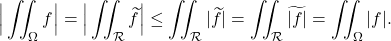 \[\Big \vert \iint_\Omega f \Big \vert = \Big \vert \iint_\mathcal R \widetilde f \Big \vert \leq \iint_\mathcal R \vert \widetilde f \vert = \iint_\mathcal R \widetilde {\vert f \vert }=  \iint_\Omega \vert f \vert .\]