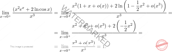 \[\begin{aligned} \lim_{x\to0^+} \dfrac{(x^2e^x+2\ln\cos x)}{x^3}&=\lim_{x\to0^+}\dfrac{x^2(1+x+o(x))+2\ln\left(1-\dfrac{1}{2}x^2+o(x^3)\right)}{x^3}=\\ &=\lim_{x\to0^+}\dfrac{x^2+x^3+o(x^3)+2\left(-\dfrac{1}{2}x^2\right)}{x^3}=\\ &=\lim_{x\to0^+}\dfrac{x^3+o(x^3)}{x^3}=1. \end{aligned}\]