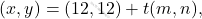 \[(x,y)=(12,12)+t(m,n),\]