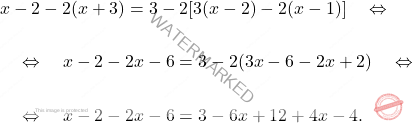\[\begin{aligned} & x-2-2(x+3)=3-2[3(x-2)-2(x-1)] \quad \Leftrightarrow \quad \\\\ & \quad \Leftrightarrow \quad x-2-2x-6=3-2(3x-6-2x+2) \quad \Leftrightarrow \quad \\\\ & \quad \Leftrightarrow \quad x-2-2x-6=3-6x+12+4x-4. \end{aligned}\]