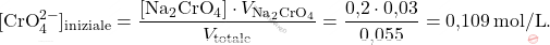 \[ [\text{CrO}_4^{2-}]_{\text{iniziale}} = \frac{[\text{Na}_2\text{CrO}_4] \cdot V_{\text{Na}_2\text{CrO}_4}}{V_{\text{totale}}} = \frac{\text{0,2}\cdot \text{0,03}}{\text{0,055}} = \text{0,109} \, \text{mol/L}. \]