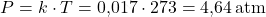 \[ P = k \cdot T = \text{0,017} \cdot 273 = \text{4,64} \, \text{atm} \]