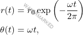 \[\begin{aligned} r(t)&=r_0 \exp{\left(-\frac{\omega t}{2\pi}\right)}\\  \theta(t) &= \omega t, \end{aligned}\]