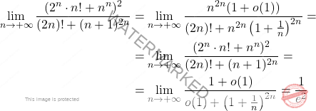 \begin{equation*} 	\begin{split} 	\lim_{n \to + \infty} \dfrac{(2^n \cdot n! + n^n)^2}{(2n)!+(n+1)^{2n}} &= \lim_{n \to +\infty} \dfrac{n^{2n} (1+o(1))}{(2n)!+n^{2n} \left(1+\frac{1}{n}\right)^{2n}}=\\&=\lim_{n \to +\infty} \dfrac{(2^n \cdot n! + n^n)^2}{(2n)!+(n+1)^{2n}}=\\&=\lim_{n \to + \infty}\dfrac{1+o(1)}{o(1)+\left(1+\frac{1}{n}\right)^{2n}} = \dfrac{1}{e^2} 	\end{split} \end{equation*}