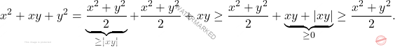 \[x^2+xy+y^2=\underbrace{\dfrac{x^2+y^2}{2}}_{\geq \left \vert xy\right \vert}+\dfrac{x^2+y^2}{2}+xy \geq\dfrac{x^2+y^2}{2}+\underbrace{xy+\left \vert xy\right \vert}_{\geq 0}\geq  \dfrac{x^2+y^2}{2}.\]