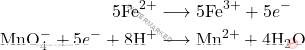 \begin{align*} 5\text{Fe}^{2+} &\longrightarrow 5\text{Fe}^{3+} + 5e^- \\ \text{MnO}_4^- + 5e^- + 8\text{H}^+ &\longrightarrow \text{Mn}^{2+} + 4\text{H}_2\text{O} \end{align*}