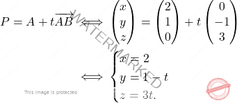 \[\begin{aligned} 	P=A+t\overrightarrow{AB} \iff& 	\begin{pmatrix} 	x\\y\\z 	\end{pmatrix}= 	\begin{pmatrix} 	2\\1\\0 	\end{pmatrix} 	+t\begin{pmatrix} 	0\\-1\\3 	\end{pmatrix}\\ 	\iff&\begin{cases} 	x=2\\ 	y=1-t\\ 	z=3t. 	\end{cases} 	\end{aligned}\]