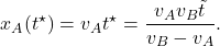 \begin{equation*} x_A(t^\star)=v_At^\star=\dfrac{v_Av_B\tilde{t}}{v_B-v_A}. \end{equation*}