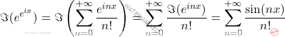 \[\Im (e^{e^{ix}}) = \Im \left(  \sum_{n=0}^{+\infty} \frac{e^{inx}}{n!} \right)= \sum_{n=0}^{+\infty}  \frac{\Im(e^{inx})}{n!}= \sum_{n=0}^{+\infty} \frac{\sin(nx)}{n!}\]