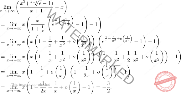 \[\begin{aligned} & \lim_{x \to +\infty}  \left(\dfrac{x^3  \left(\sqrt[x+1]{e}-1\right)}{x+1}-x\right) \\ & = \lim_{x \to +\infty} x \left(\dfrac{x}{1+\frac{1}{x}} \; \left({e^{\frac{1}{x} \, \left(\frac{1}{1+\frac{1}{x}}\right)}}-1\right)-1 \right)\\ & = \lim_{x \to +\infty} x \left( x \left(1-\dfrac{1}{x} + \dfrac{1}{x^2}+ o\left(\dfrac{1}{x^2}\right)\right)  \; \left(e^{\frac{1}{x} - \frac{1}{x^2}+o\left(\frac{1}{x^2}\right)} -1 \right)-1\right)\\ & = \lim_{x \to +\infty} x \left( x \left(1-\dfrac{1}{x} + \dfrac{1}{x^2}+ o\left(\dfrac{1}{x^2}\right)\right)  \; \left(\dfrac{1}{x} - \frac{1}{x^2}+ \dfrac{1}{2} \; \dfrac{1}{x^2} + o\left(\dfrac{1}{x^2}\right)  \right)-1\right)\\ & = \lim_{x \to +\infty} x  \left(1-\dfrac{1}{x} + o\left(\dfrac{1}{x}\right)  \; \left(1 - \dfrac{1}{2x} + o\left(\dfrac{1}{x}\right)  \right)-1\right)\\ & = \lim_{x \to +\infty} x  \left(1 - \dfrac{1}{2x}-\dfrac{1}{x}+ o\left(\dfrac{1}{x}\right)  -1\right) = -\dfrac{3}{2}. \end{aligned}\]