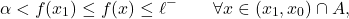 \begin{equation*} \alpha < f(x_1) \leq f(x) \leq \ell^- \qquad \forall x \in (x_1,x_0) \cap A, \end{equation*}